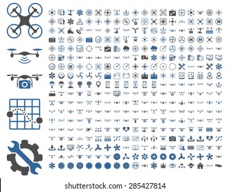 365 air drone and quadcopter tool icons. Icon set style: flat vector bicolor images, cobalt and gray symbols, isolated on a white background.