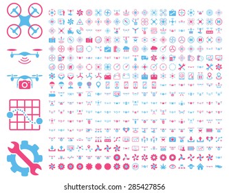 365 air drone and quadcopter tool icons. Icon set style: flat vector bicolor images, pink and blue symbols, isolated on a white background.