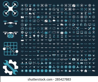 365 air drone and quadcopter tool icons. Icon set style: flat vector bicolor images, blue and white symbols, isolated on a dark blue background.