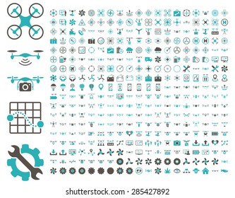 365 air drone and quadcopter tool icons. Icon set style: flat vector bicolor images, grey and cyan symbols, isolated on a white background.