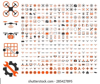 365 air drone and quadcopter tool icons. Icon set style: flat vector bicolor images, orange and gray symbols, isolated on a white background.