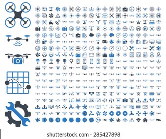 365 air drone and quadcopter tool icons. Icon set style: flat vector bicolor images, smooth blue symbols, isolated on a white background.
