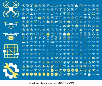 365 air drone and quadcopter tool icons. Icon set style: flat vector bicolor images, yellow and white symbols, isolated on a blue background.