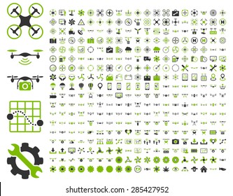 365 air drone and quadcopter tool icons. Icon set style: flat vector bicolor images, eco green and gray symbols, isolated on a white background.