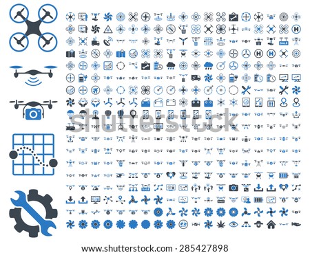 365 air drone and quadcopter tool icons. Icon set style: flat vector bicolor images, smooth blue symbols, isolated on a white background.