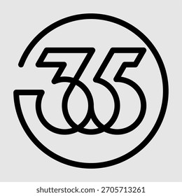 Logo del número 365. Logotipo de número 365 superpuesto mínimo que representa el ciclo de año completo y el concepto de tiempo continuo en estilo de contorno geométrico moderno