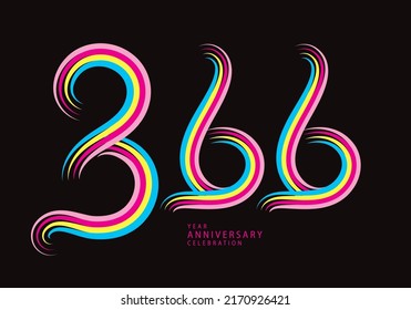 366 Zahlendesign-Vektorgrafik, grafisches T-Shirt, 366 Jahre Jubiläum gefeiert logotype farbige Linie, 366. Geburtstag-Logo, Banner-Vorlage, Logonummer Elemente für Einladungskarte, Poster, T-Shirt.