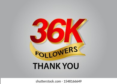 36K, 36.000 Followers  logo  Sign Ribbon Gold space Red and Gold number vector illustration  