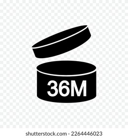 36m PAO icon. 36 months period after opening sign. Thin line jar with open lid and numbers. Product freshness time. Cosmetic, shampoo, makeup validity black label isolated on transparent background