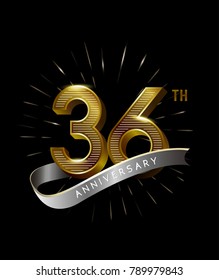 36rd Anniversary fireworks and ahiny ribbon. gold anniversary logo on black background