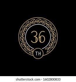 36st anniversary logo with gold and white frame and color. on black background