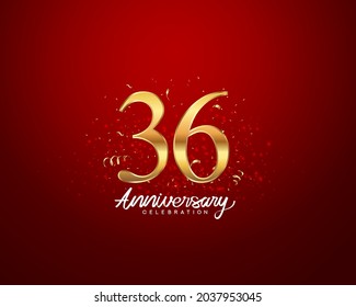 Antecedentes del 36º aniversario con número 3D ilustración números dorados y texto de celebración del aniversario con confeti dorado sobre fondo rojo.