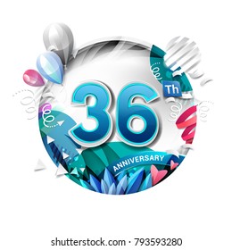 36th anniversary background with balloon and confetti on white. 3D paper style illustration. Poster or brochure template. Vector illustration.