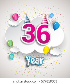 36th Anniversary Celebration Design, with clouds and balloons, confetti. Vector template elements for your, thirty six years birthday celebration party.
