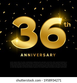 36th anniversary celebration with gold glitter color and black background. Vector design for celebrations, invitation cards and greeting cards.
