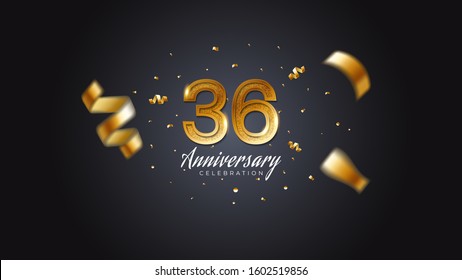 36th anniversary celebration Gold numbers with dotted halftone, shadow and sparkling confetti. modern elegant design with black background. for wedding party event decoration. Editable vector EPS 10