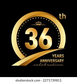 36th Anniversary Celebration Logo design with golden ring and crown for anniversary celebration event, invitation, wedding, greeting card, banner, poster, flyer, brochure. Logo Vector Template