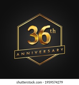 36th Anniversary Celebration. Anniversary logo with hexagon and elegance golden color isolated on black background, vector design for celebration, invitation card, and greeting card