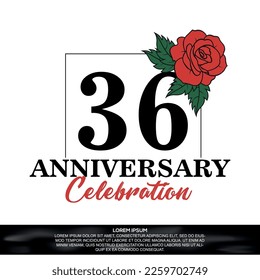 36th anniversary celebration logo  vector design with red rose  flower with black color font on white background abstract  