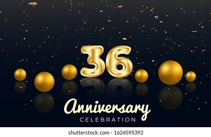 36th Anniversary celebration Vector background by using two colors in the design between gold and red, Golden number 36 with Realistic 3d sign & gold Sphere for Birthday or wedding party 