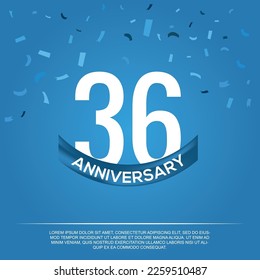 36th anniversary celebration vector design with white color numbers and  white color font on  blue color background abstract 