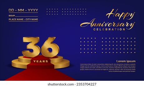 Plantilla vectorial de celebración de 36 años con estilo de números 3D y etapa dorada, plantilla vectorial