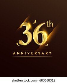 36th anniversary glowing logotype with confetti golden colored isolated on dark background, vector design for greeting card and invitation card.