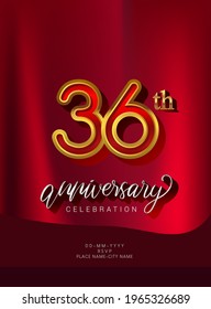 36th Anniversary Invitation and Greeting Card Design, Golden and Silver Colored, Elegant Design, Isolated on Red Background. Vector illustration.
