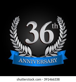 36th anniversary logo with blue ribbon and laurel wreath, vector template for birthday celebration.
