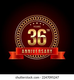 36th Anniversary. Anniversary logo design with gold color text and red ribbon for anniversary celebration event. Logo Vector Illustration