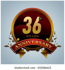 36th anniversary logo with gold circle badge. Anniversary signs illustration. Gold colors anniversary logo with circle ring