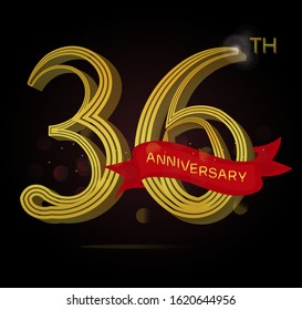 36th anniversary logo with Line motif and red ribbon isolated on elegant black background, vector design for celebration purpose