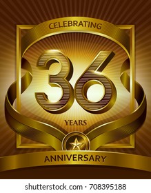 36th anniversary logo. Vector and illustration shiny gold ribbon