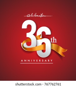 36th anniversary logotype with golden ribbon isolated on red elegance background, vector design for birthday celebration, greeting card and invitation card.