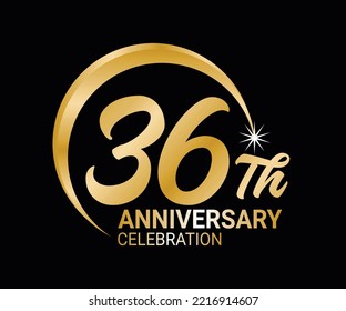 36th Anniversary ordinal number Counting vector art illustration in stunning font on gold color on black background