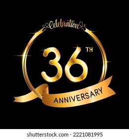 36th Anniversary. Perfect template design for Anniversary celebration event with gold color ribbon and ring, vector illustration