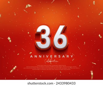 36th Anniversary. with white 3d numbers on fancy red background. Premium vector background for greeting and celebration.