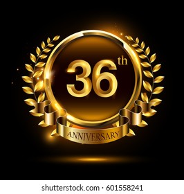 36th gold anniversary celebration logo with ring and ribbon, laurel wreath design