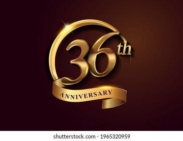 36th golden anniversary logo with gold ring and golden ribbon, vector design for birthday celebration, invitation card.