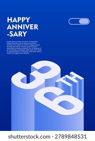 36th Modern anniversary poster template featuring a bold 3d isometric number on a vibrant blue background.