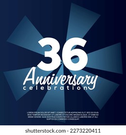 36th year anniversary celebration vector template design illustration with white text elegant blue shiny background.	