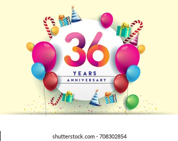 36th years Anniversary Celebration Design with balloons and gift box, Colorful design elements for banner and invitation card.