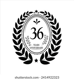36th Years Anniversary celebration. Vector Template festive illustration black color with white background. Birthday or wedding party event decoration.