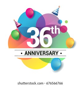 36th years anniversary logo, vector design birthday celebration with colorful geometric, Circles and balloons isolated on white background.