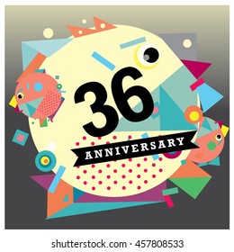 36th years greeting card anniversary with colorful number and frame. logo and icon with circle badge and background