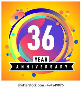 36th years greeting card anniversary with colorful number and frame. logo and icon with circle badge and background
