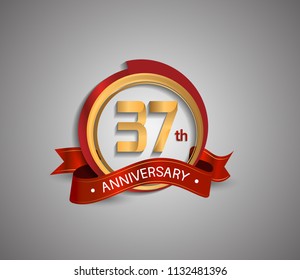 37 anniversary logotype elegant circle golden and red color red ribbon isolated on white background for use company celebration event