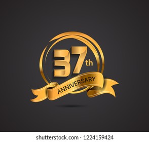 37 anniversary template design golden color with ribbon and ring memorial celebration event