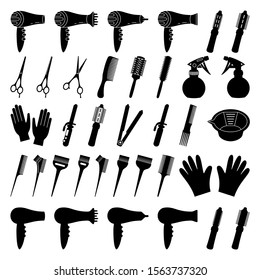 37 black and white hairdresser tools. Beauty salon equipment. Hair dresser themed vector illustration for icon, stamp, label, certificate, brochure, leaflet, poster or banner decoration