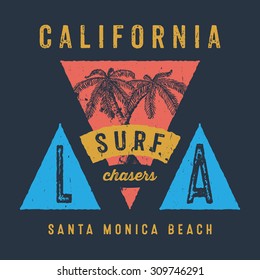 
37 CALIFORNIA SURF CHASERS SANTA MONICA BEACH.  Handmade Palms trees retro style. Design fashion apparel textured print. T shirt graphic vintage vector illustration badge label logo template.

